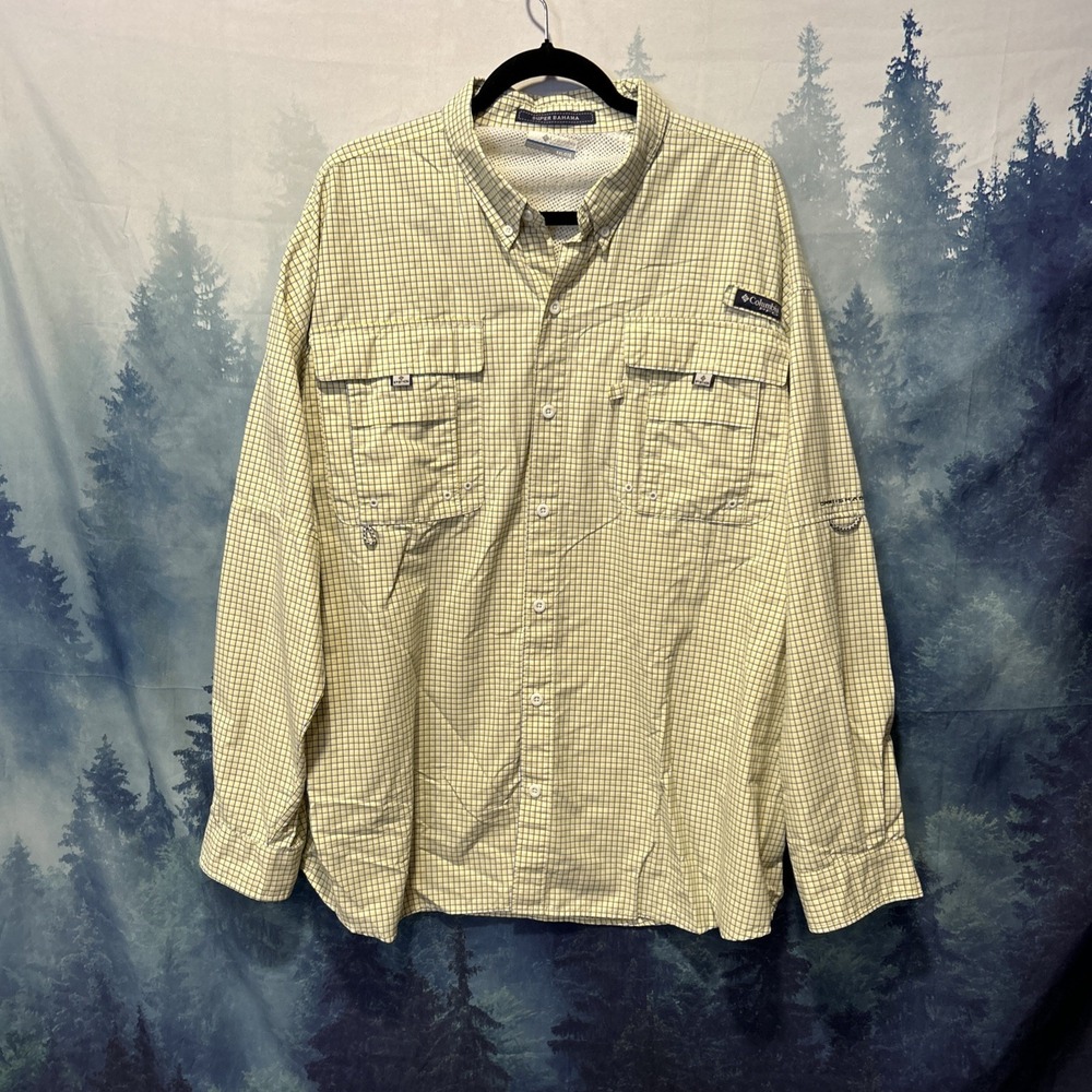 Columbia PFG Shirt Mens XXL Yellow Check Super Bahama Long Sleeve Omni-Shade‎